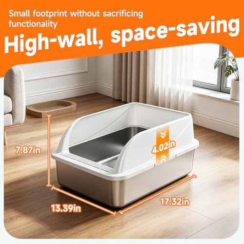 OneBug Stainless Steel High Sides Cat Litter Box with Scoop, Open Top Litter Pan for Indoor Cats, Easy to Clean, Reduced Litter Scatter, Medium