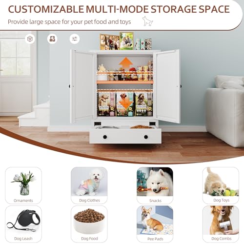 Dog Feeding Station with Storage, Metal Dog Food Storage Cabinet with 2 Elevated Bowls and 3 Hooks, Pet Feeding Station and Dogs Food Storage Organizer, White