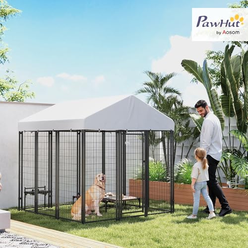 PawHut Outdoor Dog Kennel with Roof, 6' x 6' x 6' Heavy Duty Welded Wire Dog Playpen Enclosure with Escape-Proof Lock, UV-Resistant & Waterproof Cover, for Large Dogs, Chickens, Ducks, Silver