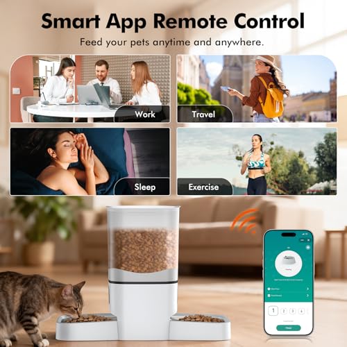 Automatic Cat Feeder for 2 Cats, 6L/25 Cup Large Capacity WiFi Pet Feeder with 2 Stainless Steel Bowls, Dual Power Supply, APP Control, 10s Voice Recorder, Timed Dry Food Dispenser for Multiple Pets