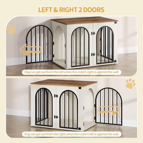 Hzuaneri 31.5'' Wooden Dog Crate Furniture, Indoor Dog Kennel Dogs Cage for Small/Medium Dogs, Heavy Duty Dog Crates Decorative Pet House End Side Table TV Stand, White Brown DFC85114B