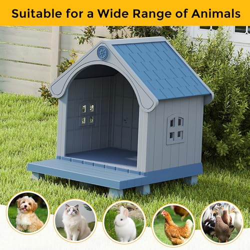 COZIWOW Large Dog House Outdoor Waterproof Plastic Pet Shelter with Porch, All-Weather Insulated Dog Kennel for Medium to Large Dogs, Easy Assembly, 36.6”L x 34.3”W x 37.8”H