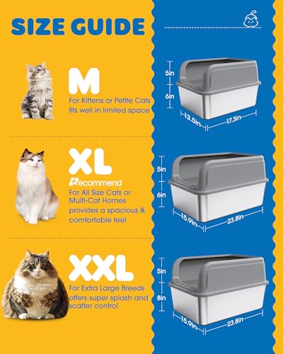 Powools Stainless Steel Cat Litter Box, Metal Litter Box with Scoop, High- Sided, Anti-Leakage Top Entry, Non-Sticky, Easy to Clean, Grey, M (1 Pack)