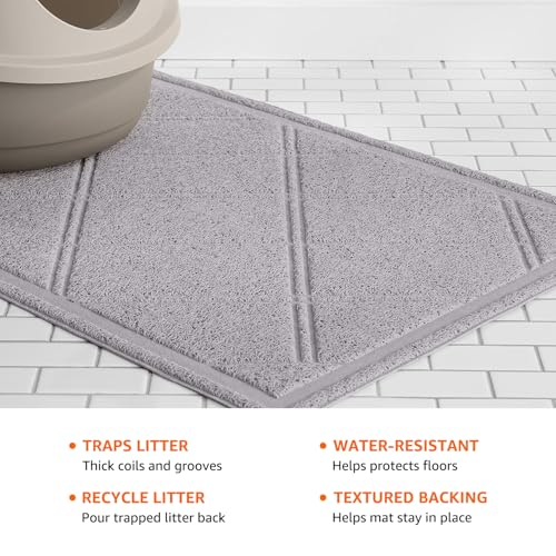 Amazon Basics Less-Mess Litter Trapping Cat Litter Box Mat, Soft on Kitty Paws, Waterproof, Scatter Control, 24" x 35", Grey