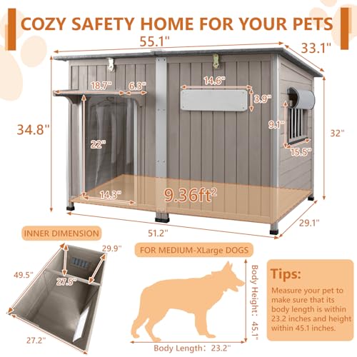 Ketive 55"L Dog House Outdoor Large Breed Extra XL Wooden Dog House with Weatherproof Asphalt Roof, All-Around Iron Frame, Removable Floor, Openable Top Roof, Air Vents Window for Medium to Large Dogs