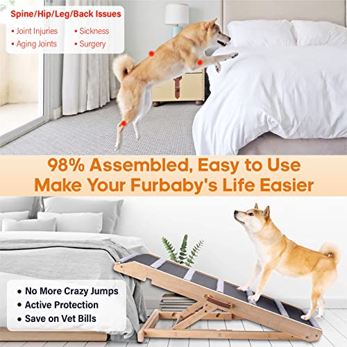 Dog Ramp for Bed - Extra Wide 17’’, Non-Slip Rubber Surface Excellent Traction, Pet Ramp for Small Large Dogs to Get on High Couch Car, Hold up to 200lb, Adjustable, Foldable