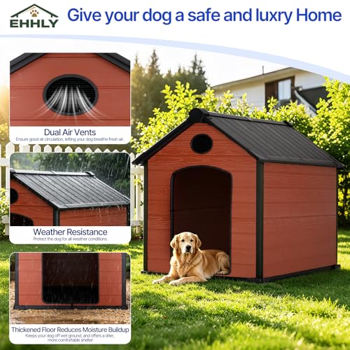 EHHLY 57" Extra Large Dog House Outdoor,Durable Resin DogHouses with 16mm Thick Durable Walls,14 Sq. ft Activity Space&Dual Air Vents,Suitable for Pets Up to 300lbs(57Lx47Wx50H, Brown)