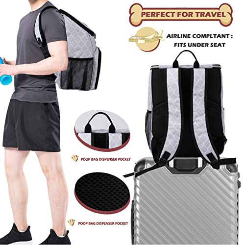 BAGLHER Dog Travel Bag Backpack, Airline Approved Pet Supplies Backpack, Dog Travel Bag with 2 Silicone Collapsible Bowls and 2 Food Baskets DLWhite
