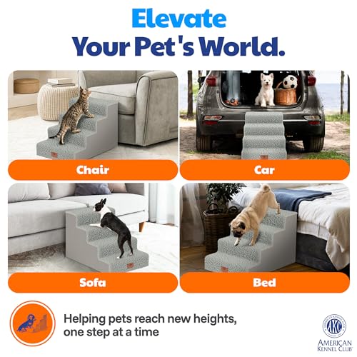AKC – 4-Step Pet Stairs for Beds & Couch | Built for Small Dogs & Small Breeds | Long-Back & Senior Dogs | Lightweight, Soft, Non-Slip, Washable | No-Tool Assembly | Supports 35 lbs | 16x24x14.2 in