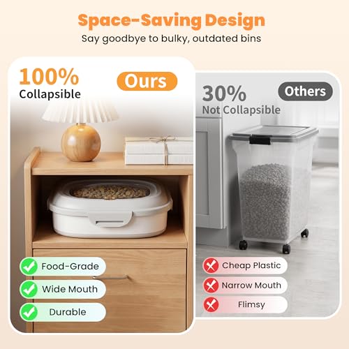 NURYO 30 Lbs Dog Food Storage Container with Wheels, Collapsible Pet Food Storage Container with Clear Window, Measuring Cup & Scoop, BPA Free Cat Food Container for Rice, Flour, Grain, Bird Seed