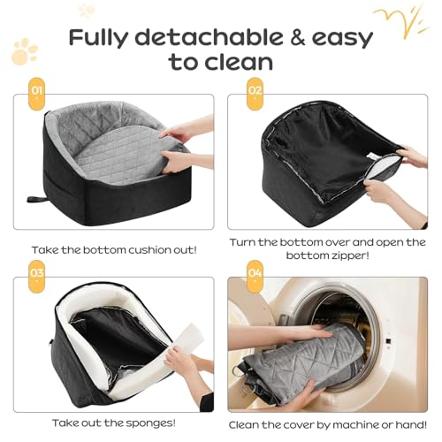 KANGREST Dog Car Seat for Small Dogs Up to 30 Lbs, Pet Travel Safety Bed for Puppy Cat, Fits in Front/Back Seat, Anti Slip Base, Fully Detachable Washable with 2 Safety Tether(Grey-Black)