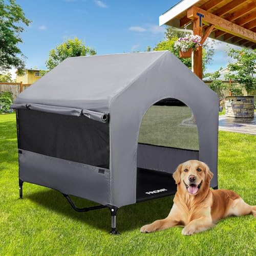 Summertrail 42" Large Dog House Outdoor Indoor with Breathable Mesh Windows-Elevated Dog Bed Cot Dog Tent Shade Shelter for Large Breeds with Canopy, Weatherproof Dog Kennel for Outside, Easy Clean