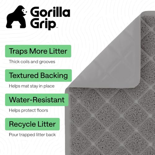 GORILLA GRIP Cat Litter Box Mat, 35x23, Cushioned Coil Mesh Litter Trapping Mats, Scatter Control Supplies for Less Mess, Phthalate Free, Ultra Deep Catch Grooves, Rinse or Vacuum to Clean, Gray