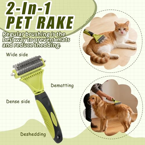 Pon Ywo Nree 2-in-1 Pet Grooming Brush & Undercoat Rake, Double Sided Dematting Comb for Dogs Cats, Shedding & Slicker Grooming Tool (Green)