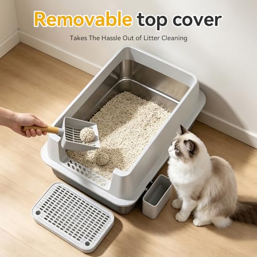 Tevila Extra Large Stainless Steel Litter Box with Lid, High Sided Enclosed Metal Cat Litter Pan, Dog Proof Front Entry Top Exit, Odor Control Easy Clean Leak Proof, Includes Scoop & Step, Light Gray
