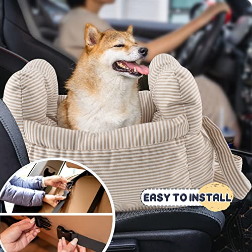 PETNEX Dog Car Seat for Small Dogs, Portable Puppy Car Seat of Easy Installation, Fashionable Pet Carrier Bag with Large Pockets, Machine Washable Dog Booster Seat (Striped Khaki)