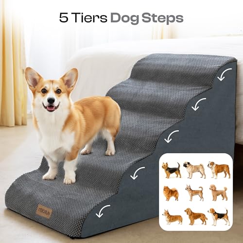 Miorun Extra Wide Dog Stairs for Large Dogs Up to 80lbs, 25" Pet Steps for High Bed with Washable Cover, 5-Step Foam Bed & Couch Ladder for Small Medium Dogs & Senior Cat, Gray
