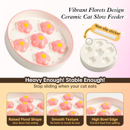 Ceramic Cat Slow Feeder Bowl - 6 OZ Puzzle Food Dish for Healthy Eating - Shallow Wide Whisker Friendly - Dishwasher Safe - 6.3 x 1.2 Inch - Blush Pink Flower