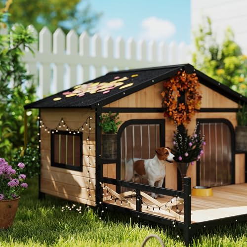 PawHut Dog House Outdoor, Wooden Dog Kennel Weatherproof with Porch, Openable Roof, Removable Bottom, Elevated Floor, Double Room for 2 Small to Medium Breeds, Natural