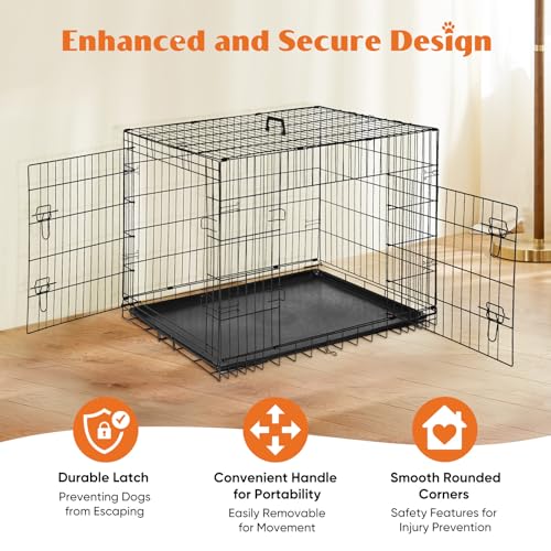 Sweetcrispy 42 Inch Dog Crate, Medium Large Crates Double Door Folding Metal Wire Dog Cage with Plastic Leak-Proof Pan Tray, Pet Kennel for Indoor, Outdoor, Travel