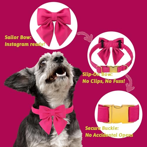 Maca Bates Hot Pink Dog Collar with Cute Rose Red Solid Sailor Bow Tie,Large Girl Boy Dogs,Girly Adjustbale Durable Breakaway Soft Collars with Bowtie for Female Male Puppy,Pet with Metal Buckle