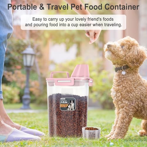 ODOMU Dog Cat Food Storage Container, Pet Food Container Airtight with Large Spout & Cup, BPA-Free Plastic Food Dispenser for Pet Food, Bird Seed, Rice, Flour - Pink 2.5-5lb (1 pack)