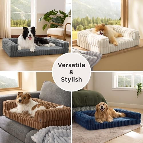 Bedsure ComfyFleece™ Orthopedic Dog Beds Large Sized Dog, Waterproof Memory Foam Pet Couch Sofa with Sides, Non-Slip Bottom and Egg-Crate Foam Large Pet Bed with Washable Corduroy Cover, Grey