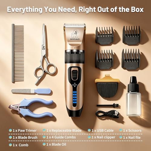 Gooad Dog Clippers for Grooming,Dog Grooming Kit for Heavy Thick Hair&Coats/Low Noise Rechargeable Cordless Hair Trimmer/Pet Shaver with Paw Trimmer for Small & Large Dogs Cats