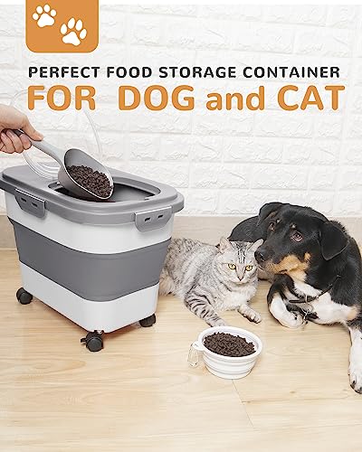 DDMOMMY 20-23 Lbs Dog Food Storage Container - Collapsible Dog Food Container with Attachable Casters and Scoop,Travel Silicone Bowl, Pet Food Storage Containers to Keep Dry Food Fresh,Easy to Move