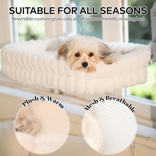 CHEERPALS Cat Window Perch for Indoor Cats Hammock for Window with Reversible Cushion, Foldable Cat Window Bed for Large Cats and Kittens(White,Medium)