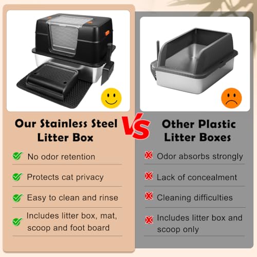 Vivifying Stainless Steel Litter Box, XL Side Entry Extra Large Litter Box with Lid for Big Cats & Kitty, Removable Enclosed Metal Cat Pan with High Sided Enclosure, Scoop (Black)