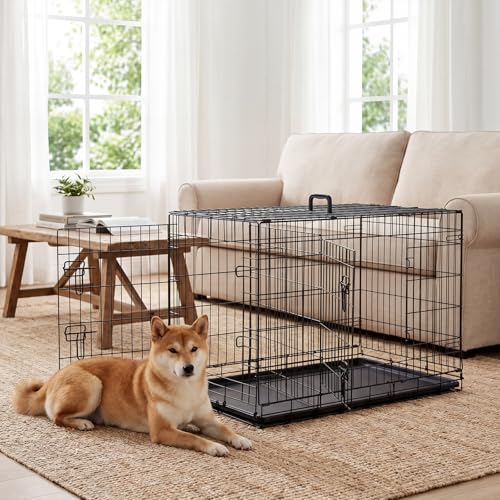 Aidoly Dog Crate - Medium 36 Inch Double Door Portable Dog Cage, Metal Wire Pet Kennel with Secure Lock, Leak-Proof Pan Tray, Foldable Design for Dogs Pets Indoor Training and Outdoor Travel