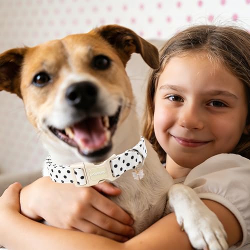 Spring Summer Dog Collar for Girl Dogs- White Polka Wedding Dog Collar, Adjustable Soft Beach Dots Dogs Collars for Small Dogs, S