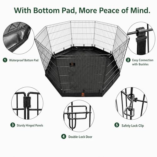 PJYuCien Octagonal Dog Playpen with Bottom Pad - Metal Foldable Exercise Pen, 8 Panels 24" H x 24" W Indoor Outdoor Pet Fence Puppy Crate Kennel, Black