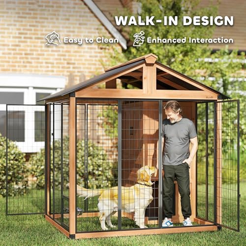 PawHut 7' x 6' Extra Large Outdoor Dog Kennel, Walk-in Wood Dog House with Internal Storage Cabinet, Pet Shelter with Waterproof Roof, Stainless Steel Bowls, Feeding Door for Large Breeds, Yellow