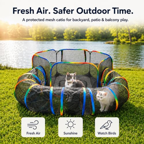 LUCKITTY Portable Cat Enclosure - 2-in-1 Outdoor Catio with Tent & Tunnel, Foldable Playpen for Indoor Cats, Includes Storage Bag for Cats & Small Animals Rainbow Color