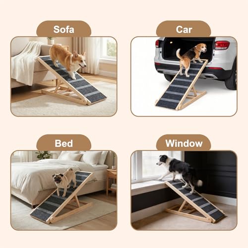 Dog Ramp for Bed, for Couch, 47.24" Long Wooden Pet Ramp for Small & Large Dogs to Get on Bed Couch Car Up to 200LBS, 4 Adjustable Heights (13.7"-24.6"), Foldable Dog Bed Ramp with Anti-Slip Surface