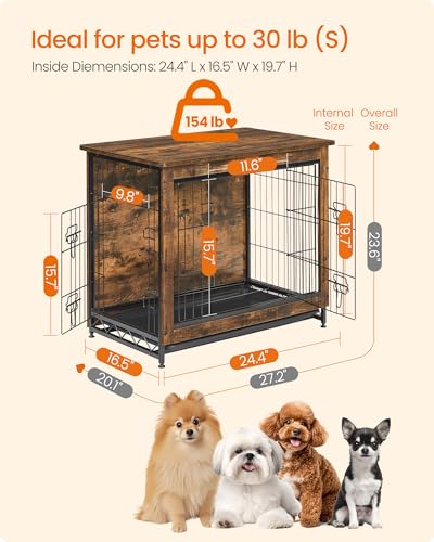 Feandrea 27.2" Dog Crate Furniture, Indoor Dog Cage Side End Table, M Pet Wood Kennel for Medium and Small Dogs up to 30 lb with Multi-Purpose Removable Tray, Double-Door Pet House, Rustic Brown
