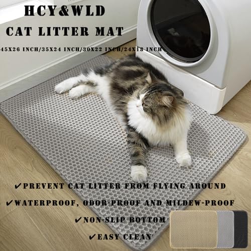 HCY&WLD Cat Litter Mat, 45x26/35x24/30x22/24x18 Inch Double Layer Cat Litter Box Mat, EVA Non-Slip, Waterproof Urine Proof Cat Litter Catcher Mat, Easy Clean Scatter Control (35x24 Inch, Gray)