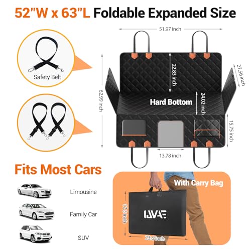 IJVAE Dog Seat Cover for Back Seat, Hard Bottom Back Seat Extender Holds 500 lbs, Waterproof & Nonslip Car Hammock for Large Pets, Comfortable Travel Seat Protector for SUV and Sedan