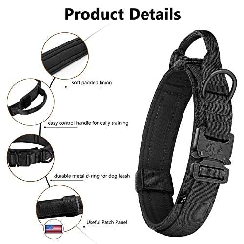 DAGANXI Tactical Dog Collar, Adjustable Military Training Nylon Dog Collar with Control Handle and Heavy Metal Buckle for Medium and Large Dogs, with Patches and Airtags Case (M, Black)