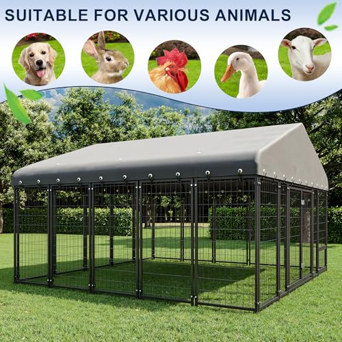 Muphyers 10X10FT Large Dog Kennel Outdoor Dog Enclosure Outside, Double Door Heavy Duty Galvanized Steel Dog Crate Durable Dog Cage with Roof & Double Lock