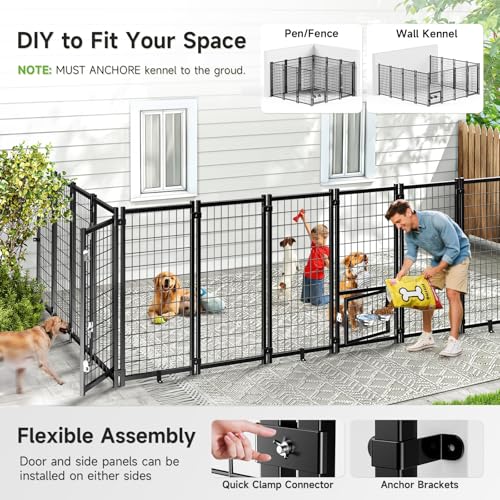 Guiferland Dog Kennel Outdoor, Weatherproof Outside Dog Kennel with Roof & Swivel Feeders and Removable Dog Door, Heavy Duty Outdoor Kennels Dog Enclosure Run for Medium Large Dogs (8'L x 4'W x 6'H)