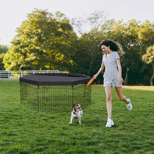 Dog Pen Pet Playpen Dog Fence Indoor Foldable Metal Wire Exercise Puppy Play Yard Pet Enclosure Indoor Outdoor 8 Panels 24 Inch with Bottom Pad/Top Cover (Black with top Cover)