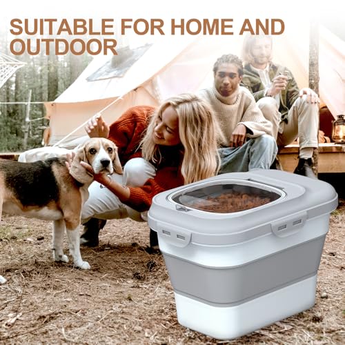 TIOVERY Dog Food Storage Container Small, 10-13lbs Collapsible Dog Cat Food Containers with Airtight Clear Flip-top and Pet Food Scoop, Pet Food Storage Container Bin for Dog Cat Bird Other Pets Grey