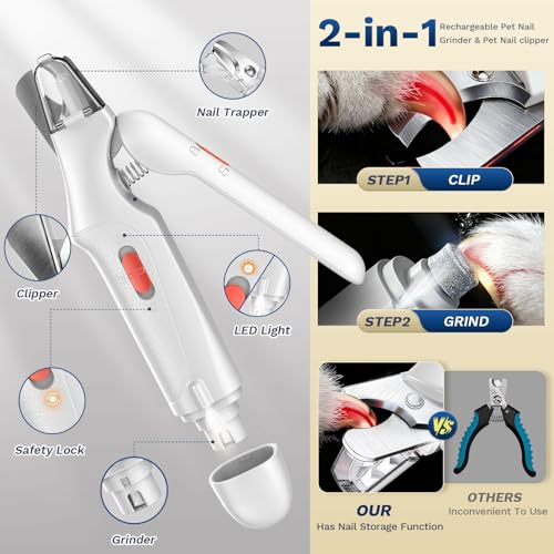 2 in 1 Dog Nail Clippers & Cat Nail Clippers Trimmers for Large Medium Small Dogs Cats Claw Trimmer Quick Sensor and Safety Guard USB Rechargeable Dogs Nail Trimmer with Catcher & 2 LED Lights