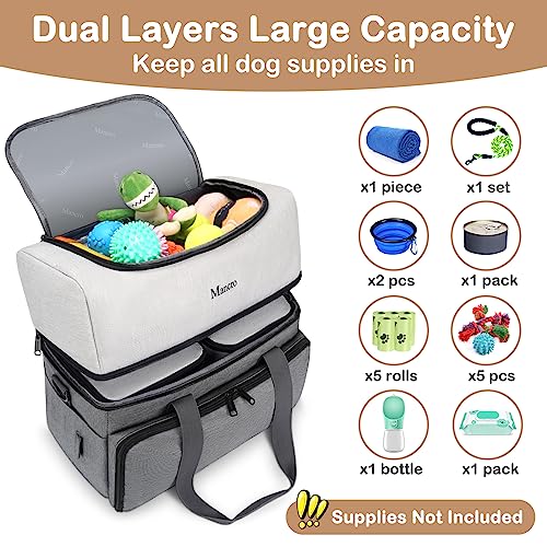 Mancro Dual Layers Dog Travel Bag, Pet Travel Bags with 2 Extra Large Food Containers, 2 Collapsible Dog Bowls, Multi-Pockets Tote Organizer for Pet Supplies, Road Trip Essentials, Weekend Camping