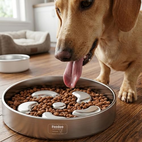 Feedoo Slow Feeder Dog Bowl-2Cups for Medium Breeds, Double Wall Food-Grade Stainless Steel, Heavy Duty with Non-Slip Rubber Base, Puzzle Maze Bowl to Slow Down Eating
