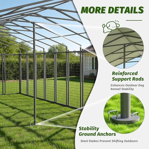 20x10 FT Outdoor Dog Kennel with Waterproof Roof, Heavy Duty Dog Enclosures with Galvanized Welded Wire Steel & Dual Safety Lock