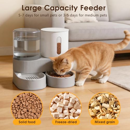 Automatic Gravity Cat Dog Feeder and Water Dispenser with 304 Stainless Steel Bowls 2 in 1 360 Degree Rotatable Auto 2.4L Dry Food and 2.6L Water Bowl for Small Medium Pet Dog Puppy Kitten (Gray)